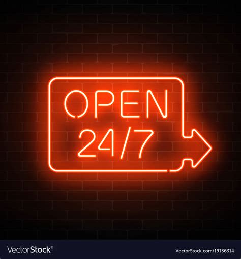Crypto trade volume dips and soars as people trade within huge global markets. Neon open 24 hours 7 days a week sign in Vector Image