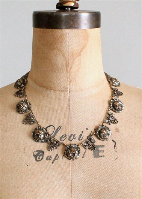 Vintage 1930s Art Deco Silver Rose Necklace Raleigh Vintage