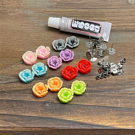 Resin Flower Stud Earring Kit Includes Colorful Flower Cabochons