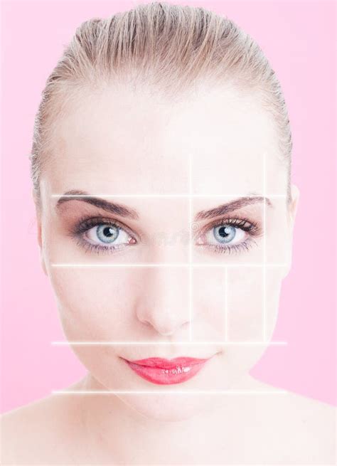 Close Up Of Beautiful Woman Face With Makeup And Divided Lines Stock