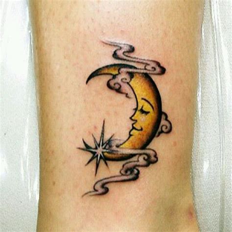 Star And Yellow Moon Tattoo On Leg Moon Tattoo Designs Moon Tattoo