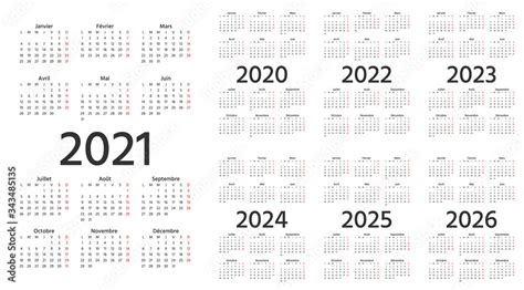Vecteur Stock French Calendar 2021 2022 2023 2024 2025 2026 2020