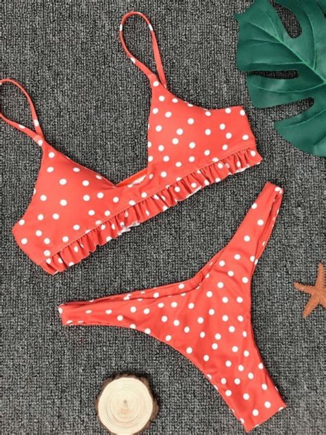 Polka Dots Falbala Plain Bikini Set Bikinis Two Piece Bikini Plain