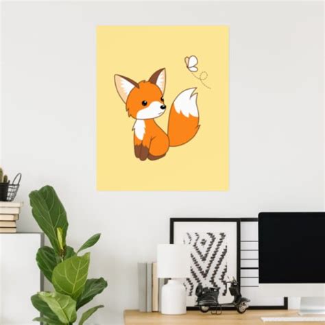 Cute Little Fox Watching Butterfly Poster Zazzle
