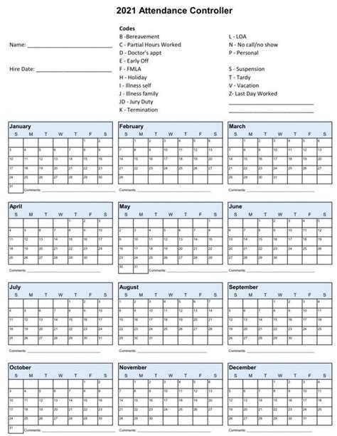 2021 Employee School Attendance Tracker Calendar Employee Etsy