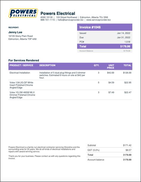 Free Electrical Invoice Template Edit And Download Fast Jobber