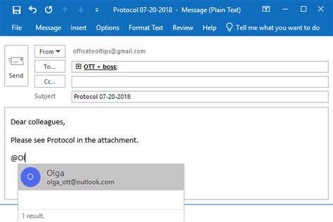 This can be used to direct an email towards an individual when an email is being sent to a team email address or to a specific department in a company. Use @mentions to get someone's attention in Outlook - Microsoft Outlook 365