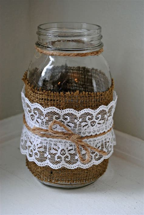 Burlap And Lace Mason Jar Vase 600 Via Etsy Lace Mason Jars