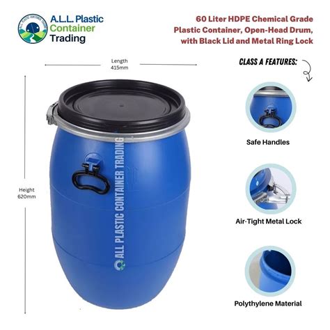 60 Liter Liter Heavy Duty Plastic Container Drum Chemical Grade Open