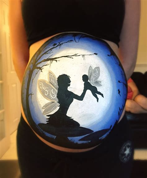 Fairy Baby Bump Painting With Night Sky Fairies Silhouette Moon Night Pregnancy Belly