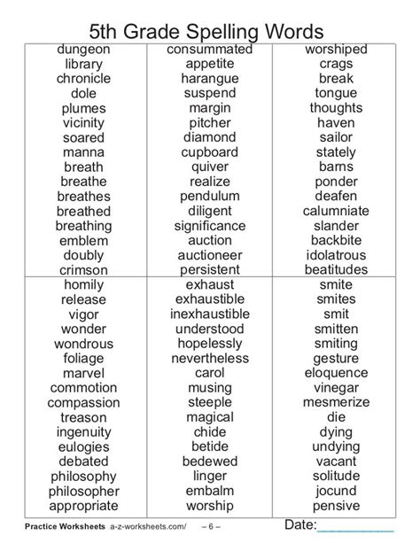 5th Grade Spelling Word List Printables