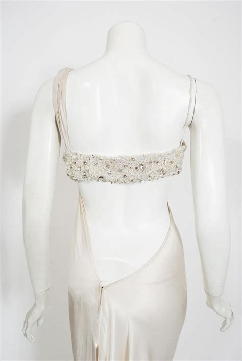 2000 Ungaro Haute Couture Crystal Beaded Asymmetric Cut Out Ivory Silk