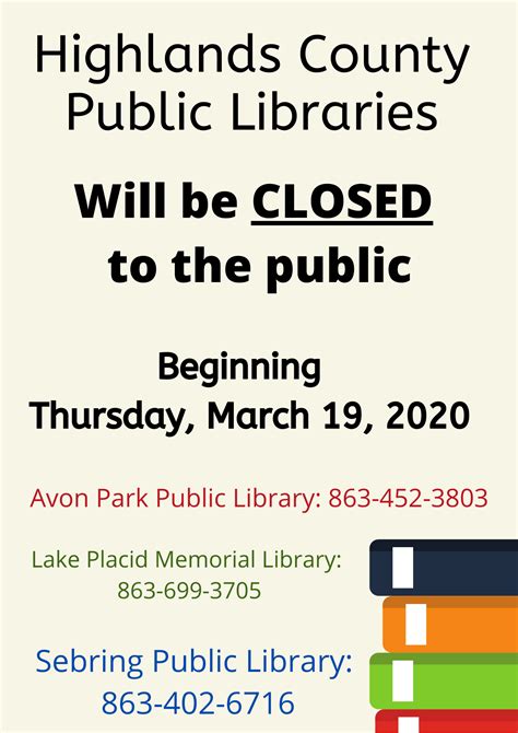 Highlands County Public Libraries Closed To The Public Starting