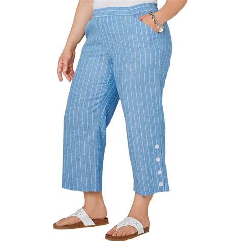 avenue plus size striped linen capri with button trim pants clothing and accessories shop