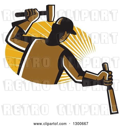 Vector Clip Art Of Retro Male Carpenter Hammering A Chisel Over An Oval