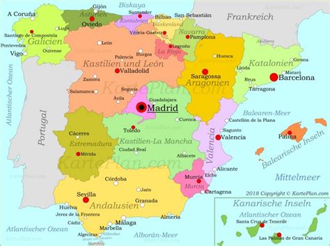 ˈrejno ð(e) esˈpaɲa) ist ein staat auf der iberischen halbinsel im südwesten europas, mit den balearischen inseln im mittelmeer, den kanarischen inseln im atlantik und zwei exklaven in nordafrika. Spanien politische karte