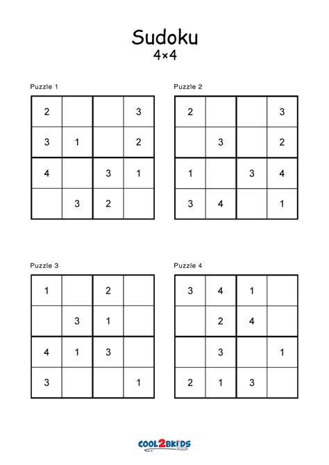 Printable Sudoku For Kids 4x4 Grid Easy Easy Level 4x4 Sudoku For