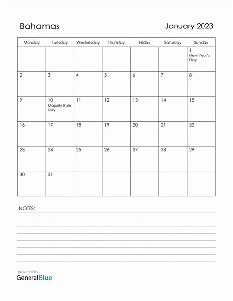 January 2023 Bahamas Calendar With Holidays