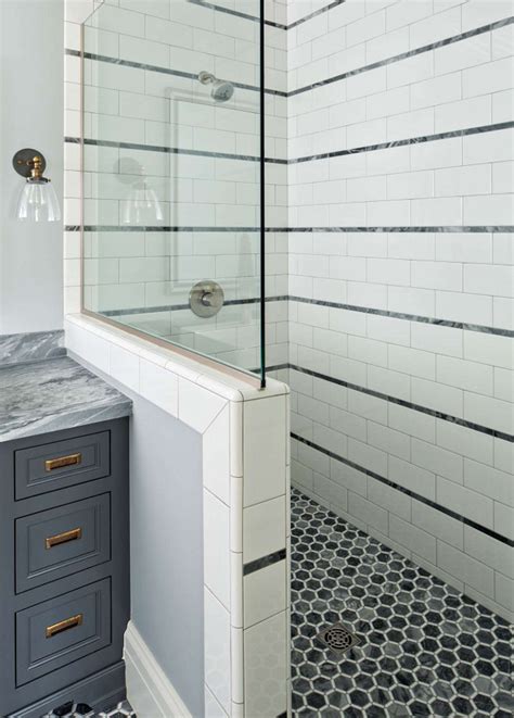 Stripe Pattern On Tiled Showers Walls In Beautiful Classic Bathroom By