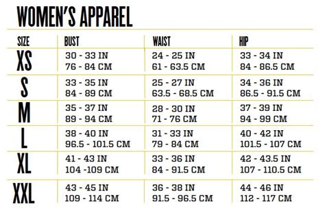 Size Chart Womens Clothing Online
