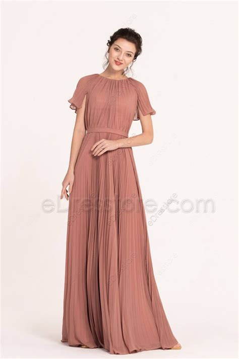 Dusty Rose Modest Pleating Bridesmaid Dresses With Sleeves Bridesmaid