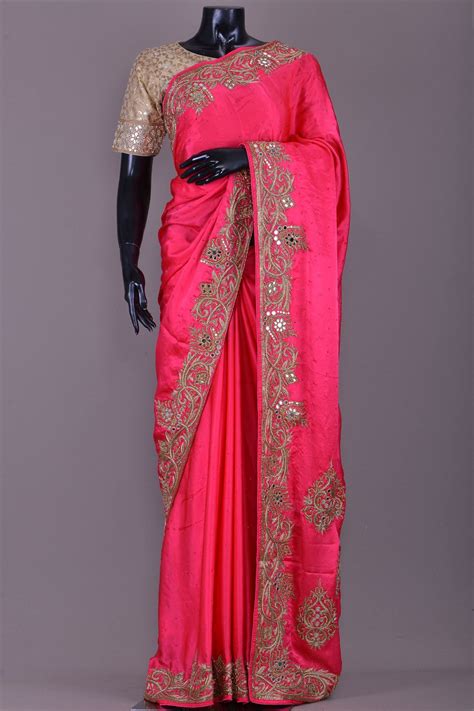 buy brink pink satin stone embroidered saree online
