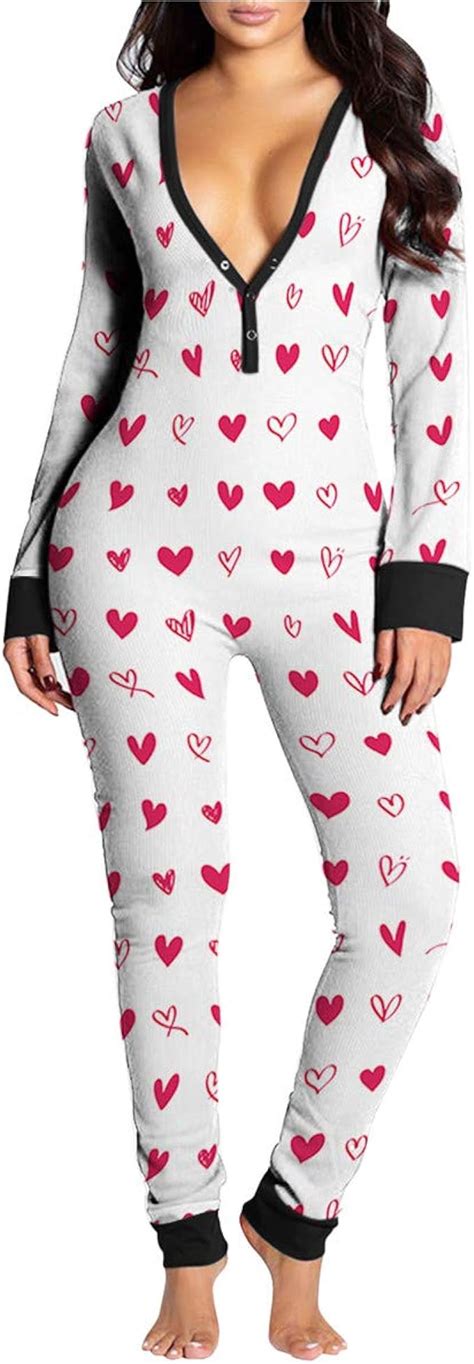 Womens Sexy V Neck Long Jumpsuit Butt Flap Printed Stretch Onesies Pajamas Romper Sleepwear