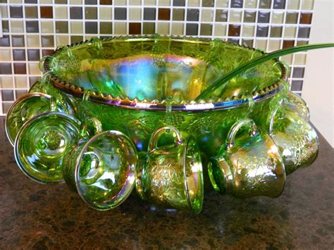 Vintage Carnival Glass Iridescent Lime Punch Bowl Set With Twelve Cups Hooks Ladle Original