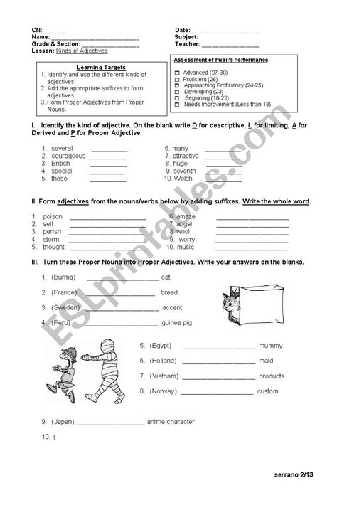 kinds of adjectives test esl worksheet by eaglestar
