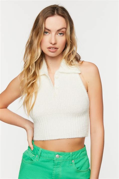 Forever 21 Sleeveless Halter Sweater Knit Crop Top Cream Forever21usa