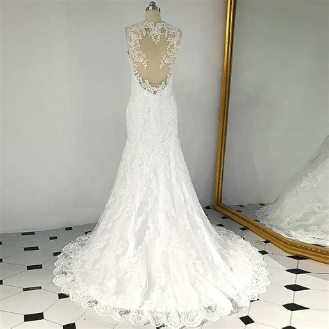 Rsw546 V Neckline Illusion Back Lace Mermaid Wedding Dress In Wedding