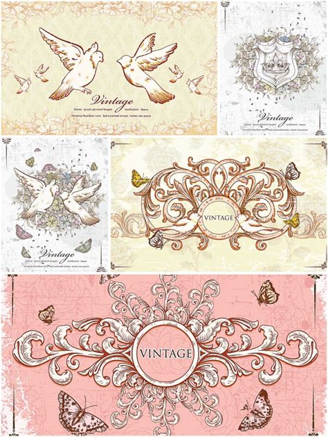 Vintage frames with doves card set vector | Free download