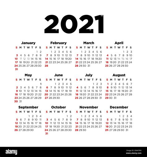 2021 Plantilla De Calendario La Semana Comienza El Domingo Ilustración Vector Imagen Vector
