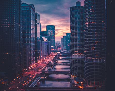 Wallpaper Chicago Skyscrapers Bridges Evening Hd Widescreen High