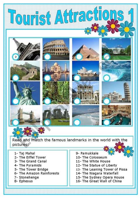 tourist attractions  worksheet english  tourism tourist