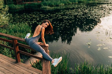 Wallpaper Fence Brunette Sportswear Flexible Sneakers Ass Water Lake Women Outdoors