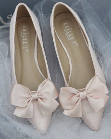 Blush Satin Pointy Toe Flats With Oversized Bow Bride Shoes Pointy