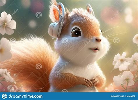 Cute Little Fluffy Cartoon Squirrel With Headphones On Stock