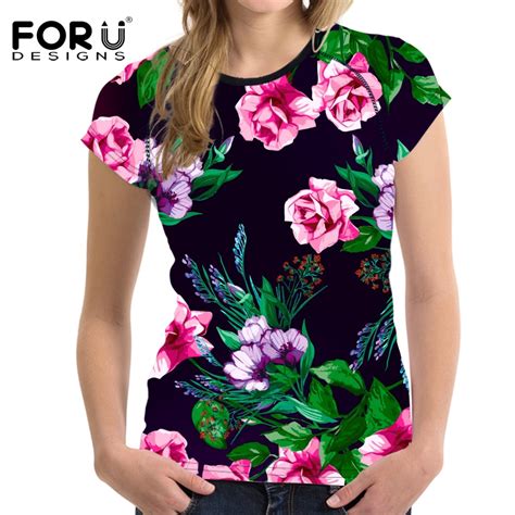 forudesigns colorful 3d floral t shirt women flower elastic slim fit basic tee tops girls