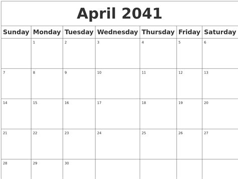 April 2041 Blank Calendar