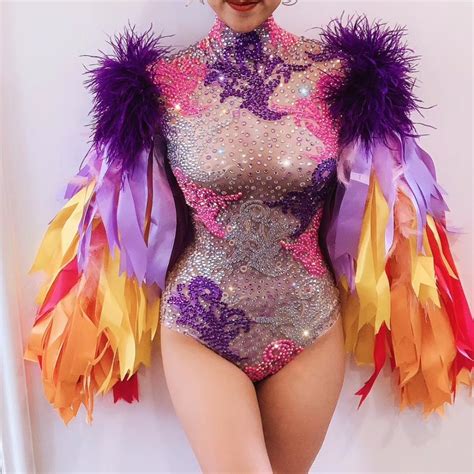 sexy stage multi color rhinestones ribbon fringes bodysuit birthday celebrate prom outfit bar