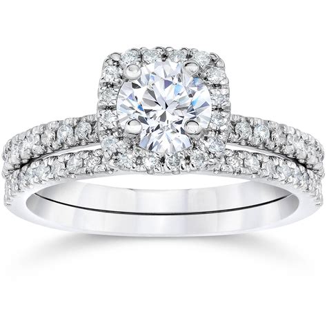 Pompeii3 58ct Cushion Halo Real Diamond Engagement Wedding Ring Set
