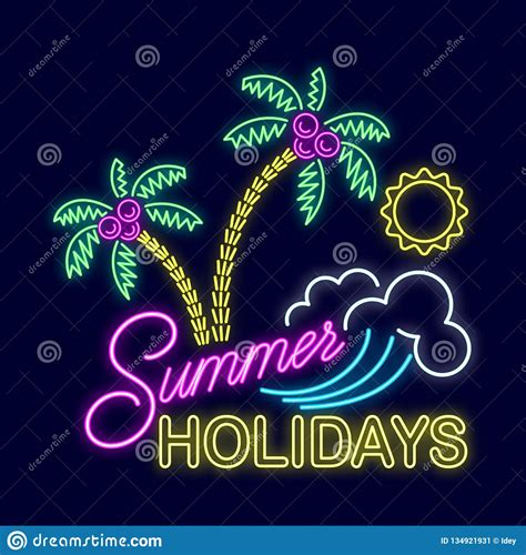Summer Neon Sign With Bright Illumination Palm Trees Sun Tourism