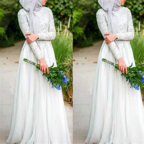 New Arrival Muslim Wedding Dress With Hijab Simple Pure White Beaded
