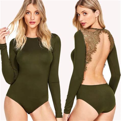 Women Sexy Fashion Bodysuits Womens Long Sleeve Backless Stretch Lace Up O Neck Bodysuit