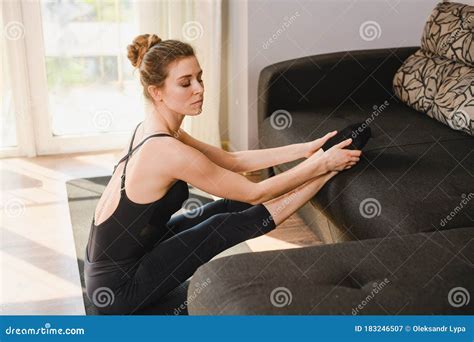 Woman Stretch Legs On Sofa At Home Stock Image Image Of Athletic