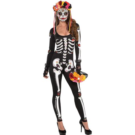 Party City Day Of The Dead Catsuit Halloween Costume For Women Small Medium 6 8 Dia De Los