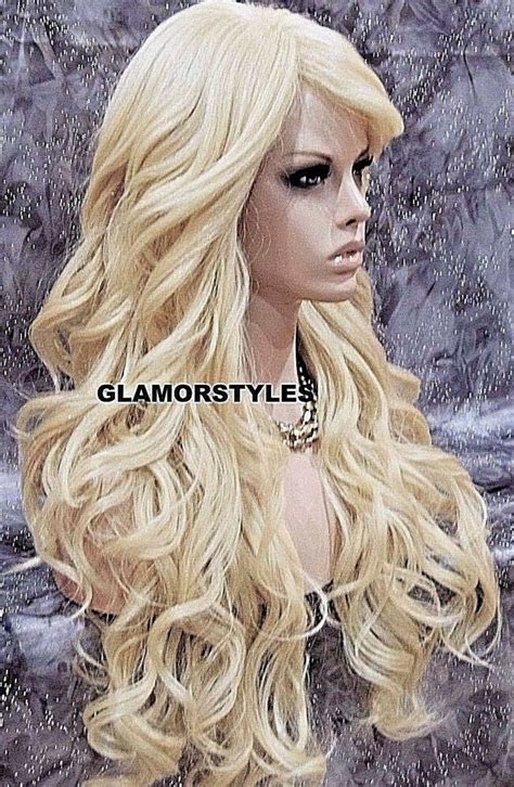 Human Hair Blend Full Wig Long Wavy Bangs Layered Bleach Blonde 613