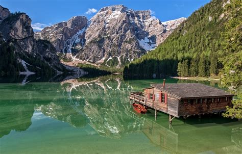 Wallpaper Mountains Lake Reflection Boat Italy House