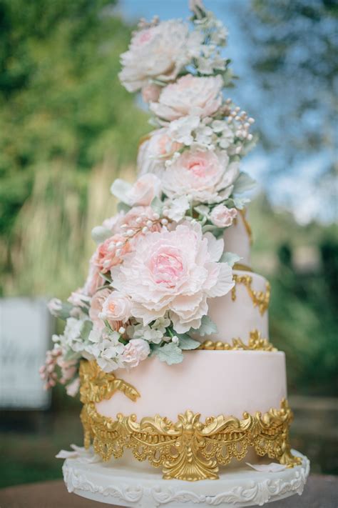 Blush And Gold Sugar Flower Wedding Cake I Peony Wedding Cake I Rose